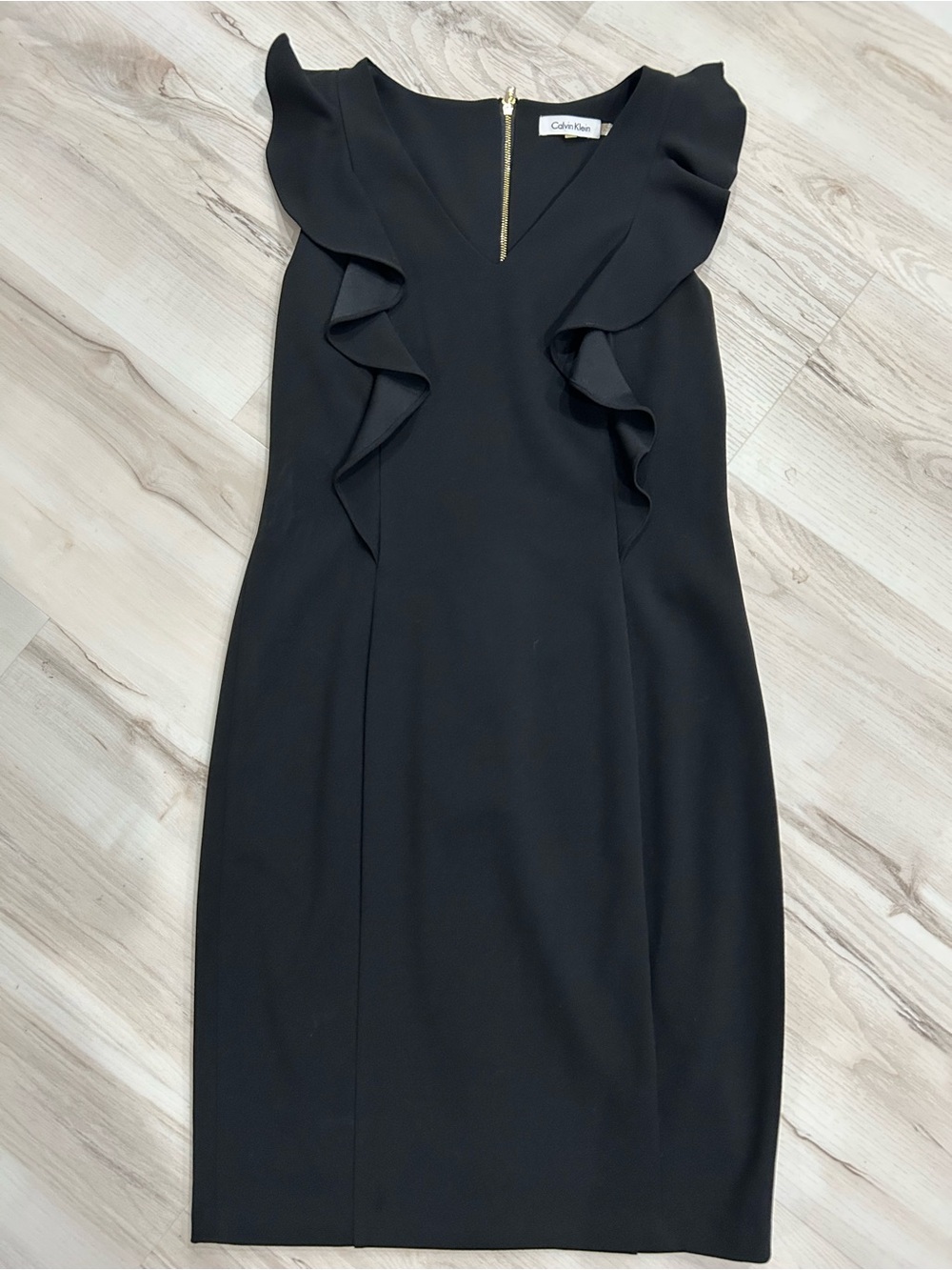 Calvin Klein Black Ruffle Sheath Midi Dress with Gold Zip